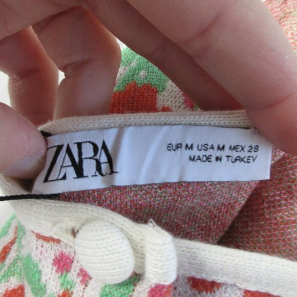 Zara Floral Halter Dress M Pink Green Knit Open Back Viscose Cotton Beach 194 - Picture 3 of 13
